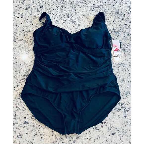 Maxine Of Hollywood womens Plus-size V-neck Shirred Twist Front One Piece Swimsu - Picture 2 of 5